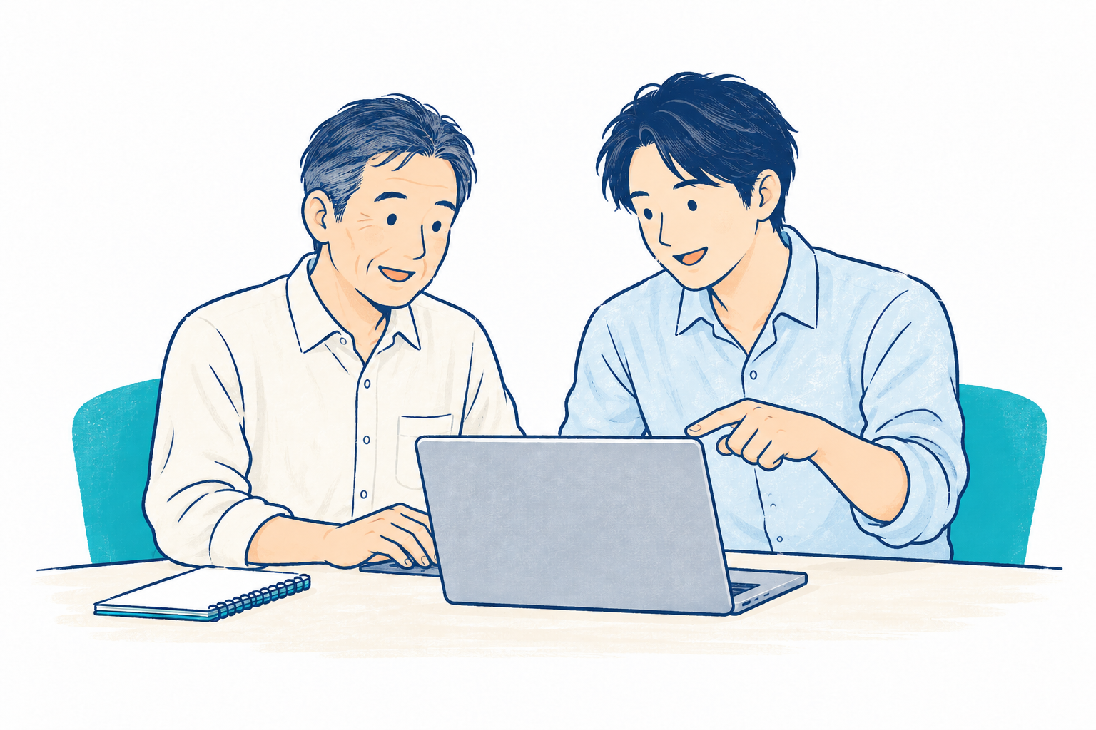 中年の男性社長がパソコンを操作し、隣で30代の男性が画面を指して説明するイラスト